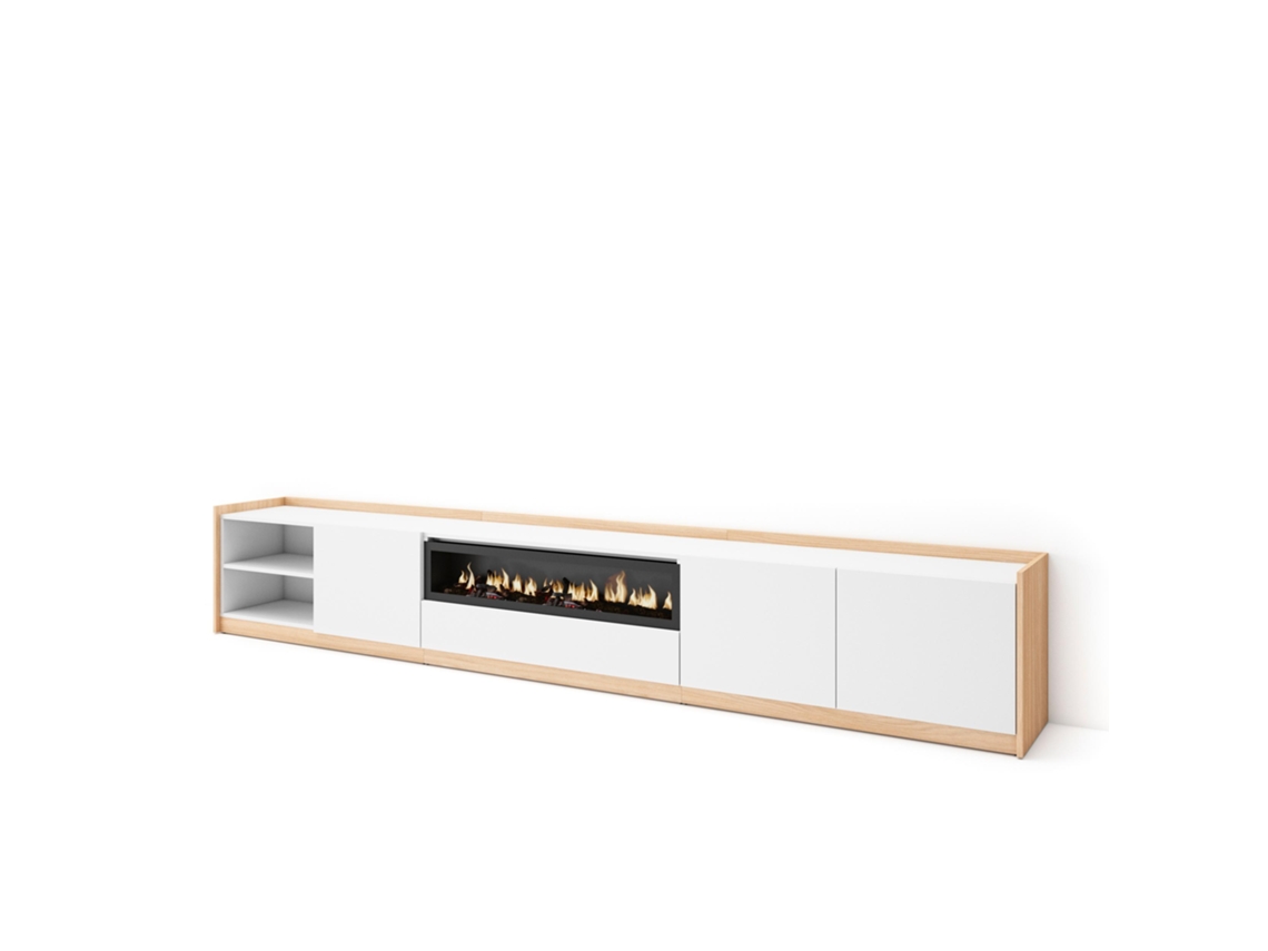 Mueble para TV, 310x37x50cm, para televisores de hasta 80'', chimenea eléctrica, blanco y roble claro.