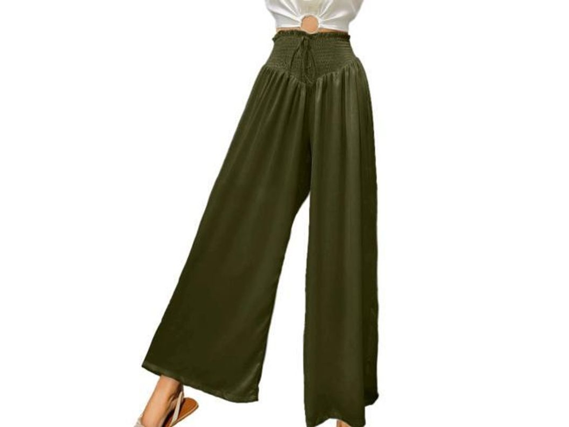 Pantalones casuales de verano de talle alto 2026 con cintura elástica y bolsillos fluidos, talla S, verde militar.