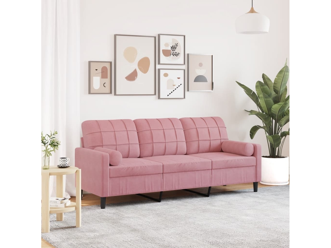 Sofá De 3 Plazas Con Cojines Terciopelo Rosa 180 Cm