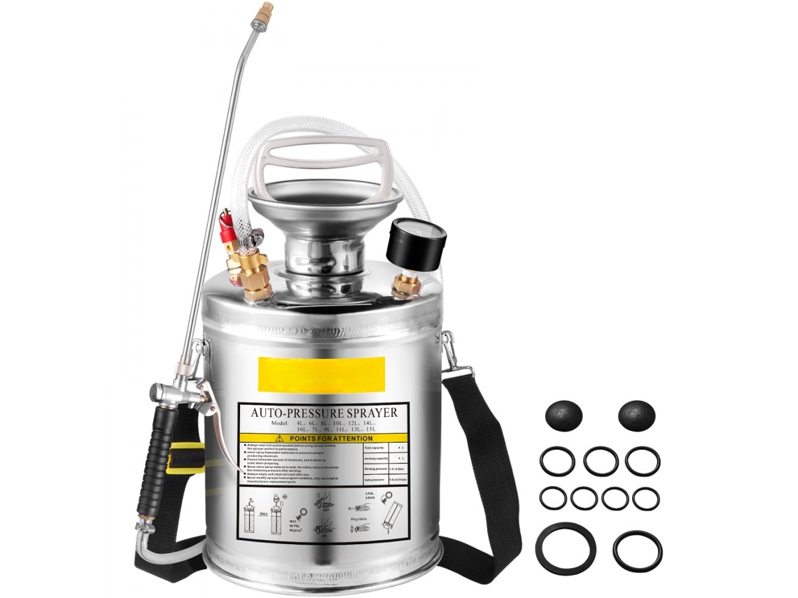 Pulverizador manual de acero inoxidable de 4L con manómetro y boquilla ajustable Tekmaquinas