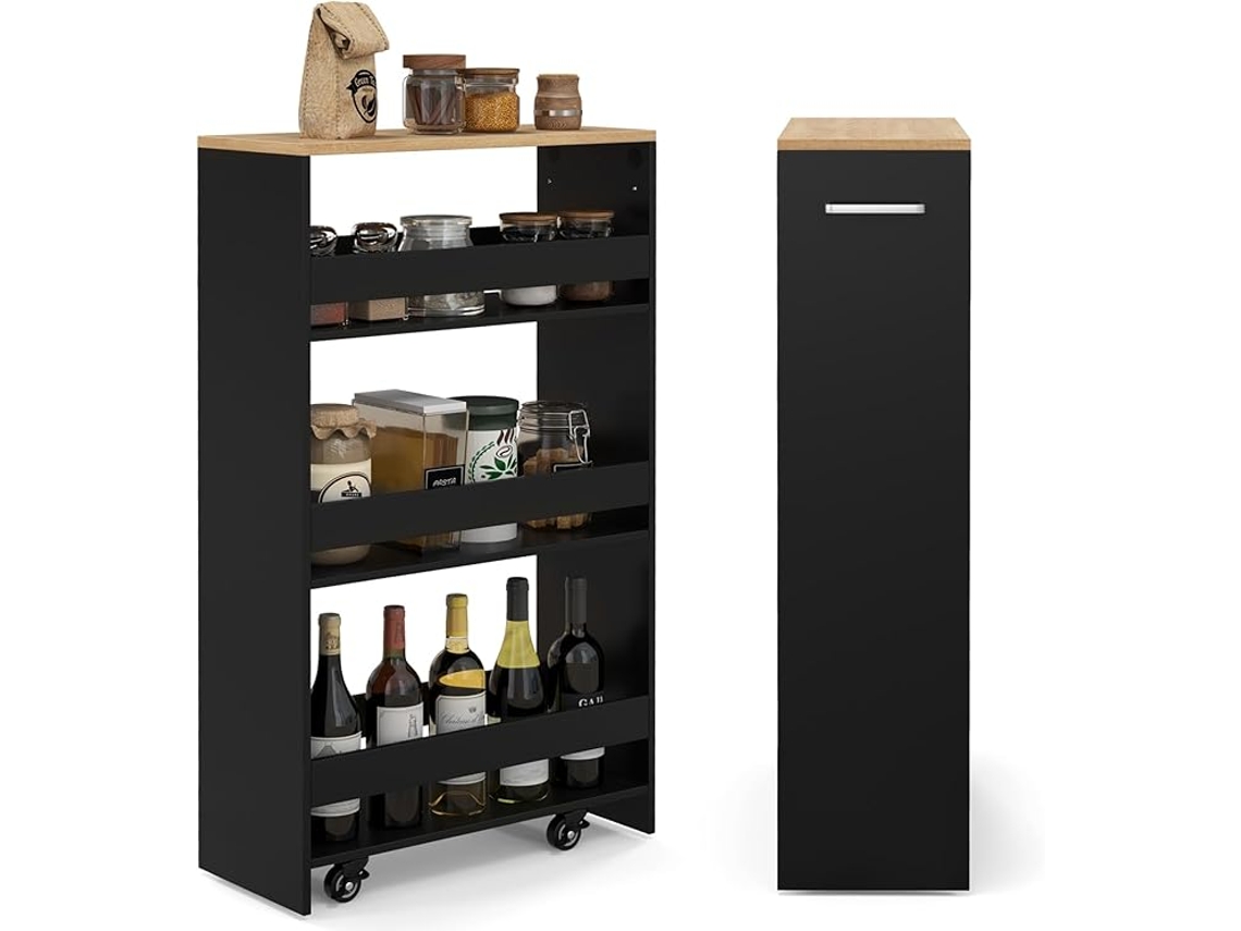 Carrito de Cocina con 4 Ruedas, Carrito Estrecho con 4 Estantes y Asa para Cocina y Baño (Negro)