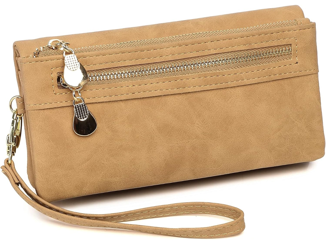 Cartera Larga Para Mujer Con Asa De Mano - Clutch Elegante Con Cremallera - Beige