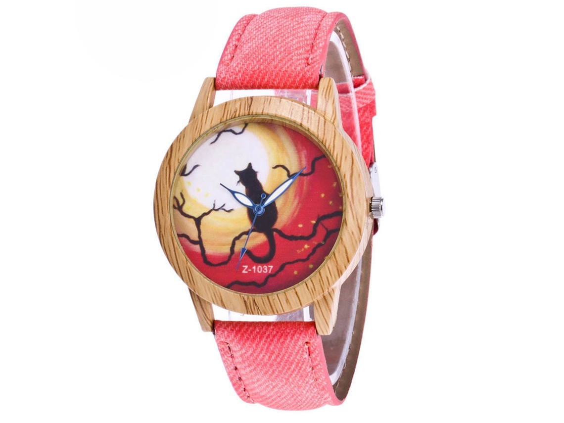 Reloj De Cuarzo De Aleación Con Textura De Madera Gato Halloween Zhoulianfa Rosa