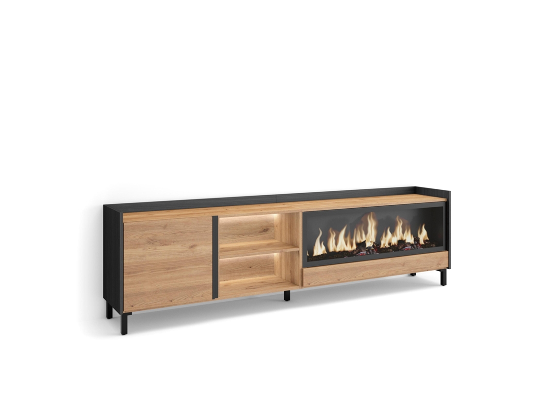 Mueble para TV, 212x35x61cm, para televisores de hasta 80'', chimenea eléctrica XXL, diseño industrial, LED, roble y negro.