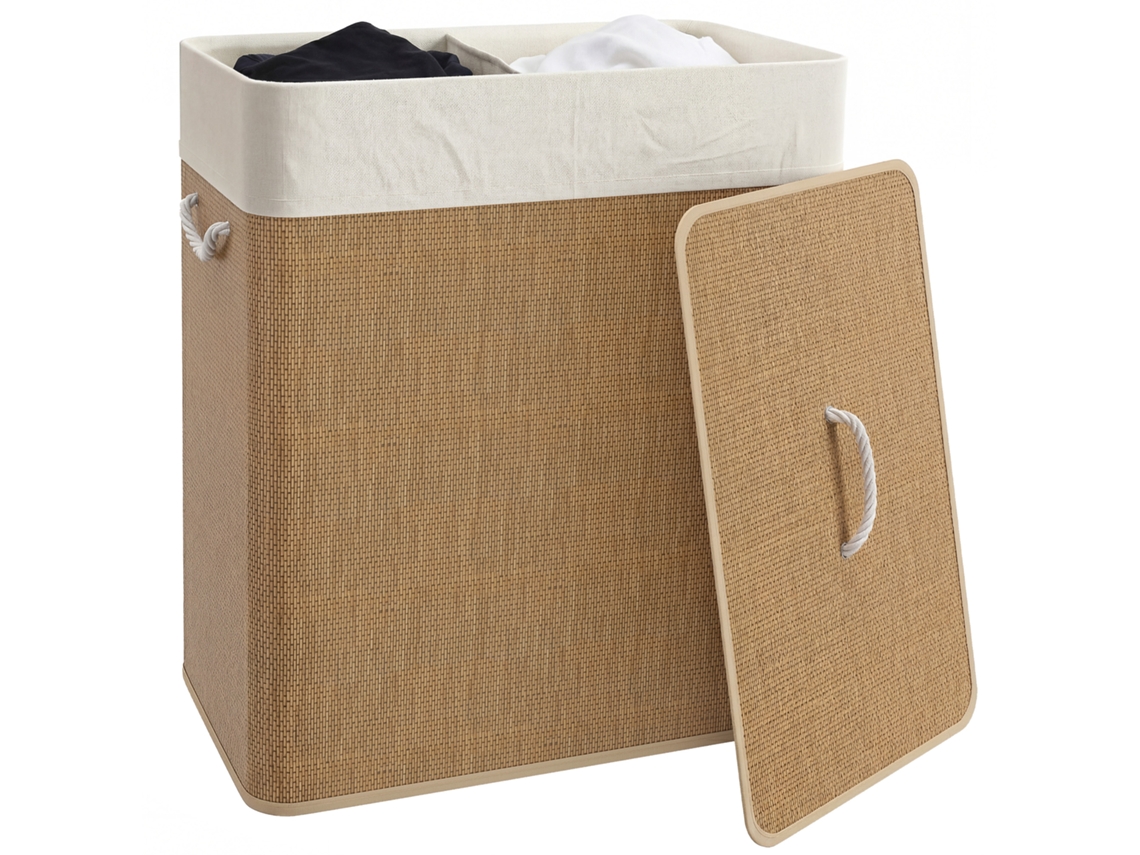 Cesto de ropa de bambú con tapa, 2 compartimentos, capacidad de 100 litros, asas, cuerda, bolsa extraíble.