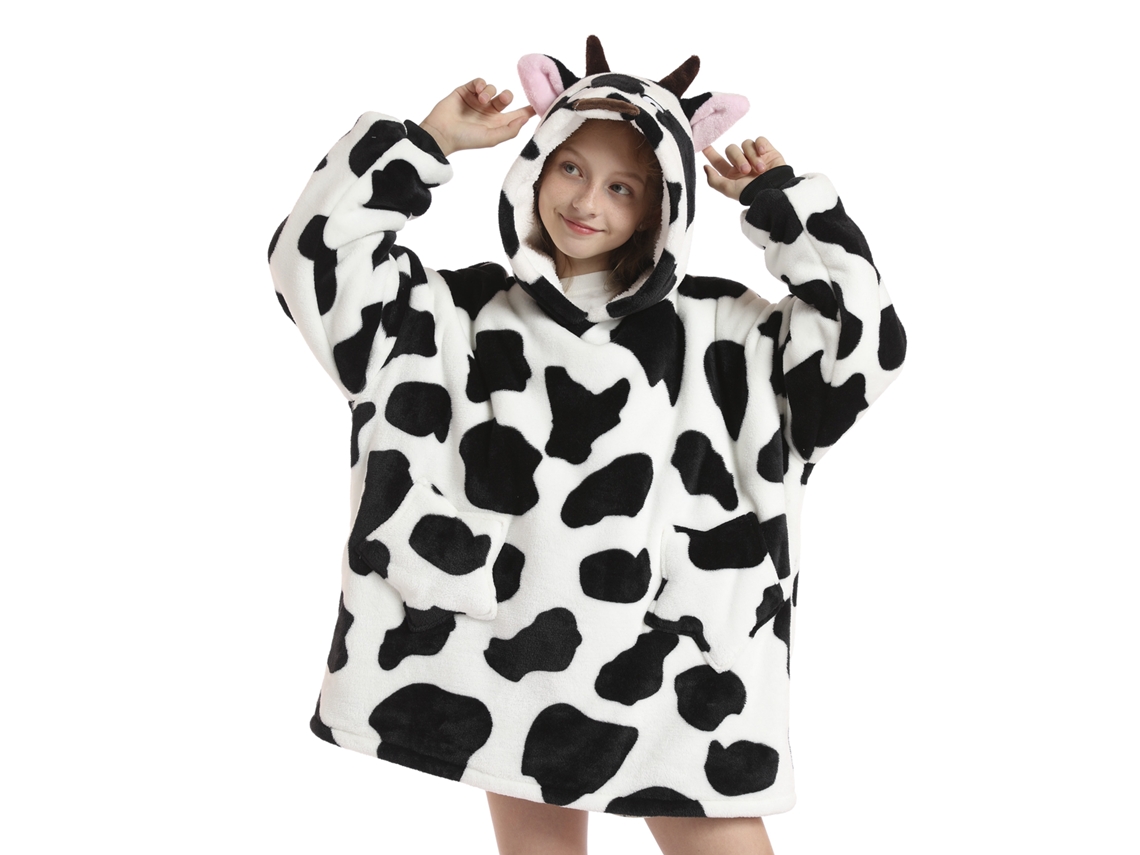 Bata Infantil Estilo Sudadera Y Manta De Felpa Extrasuave. Bolsillos Frontales. Diseño Vaca