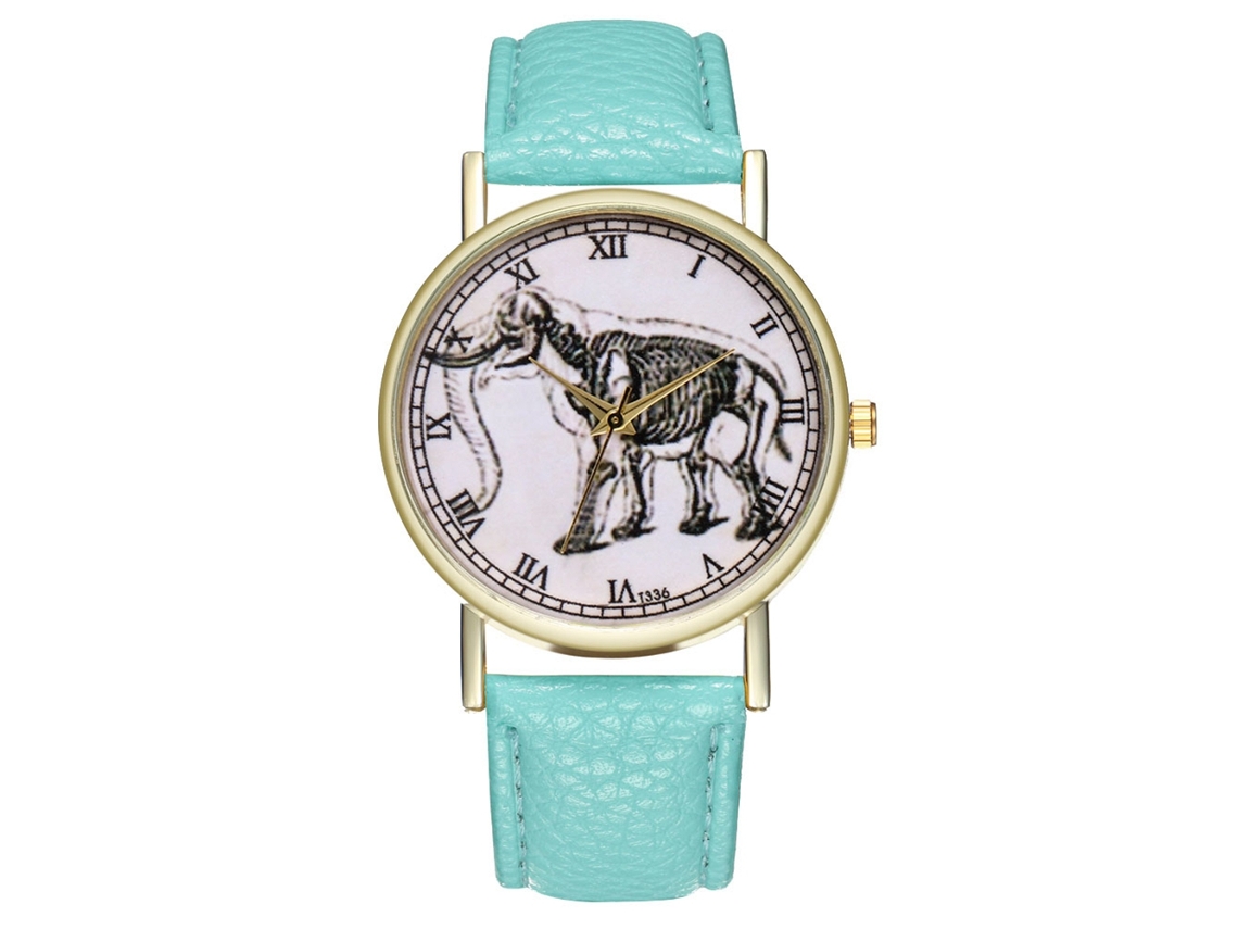 Reloj De Cuero Pu Moda Unisex Con Patrón De Elefante Color Verde Menta Cuarzo
