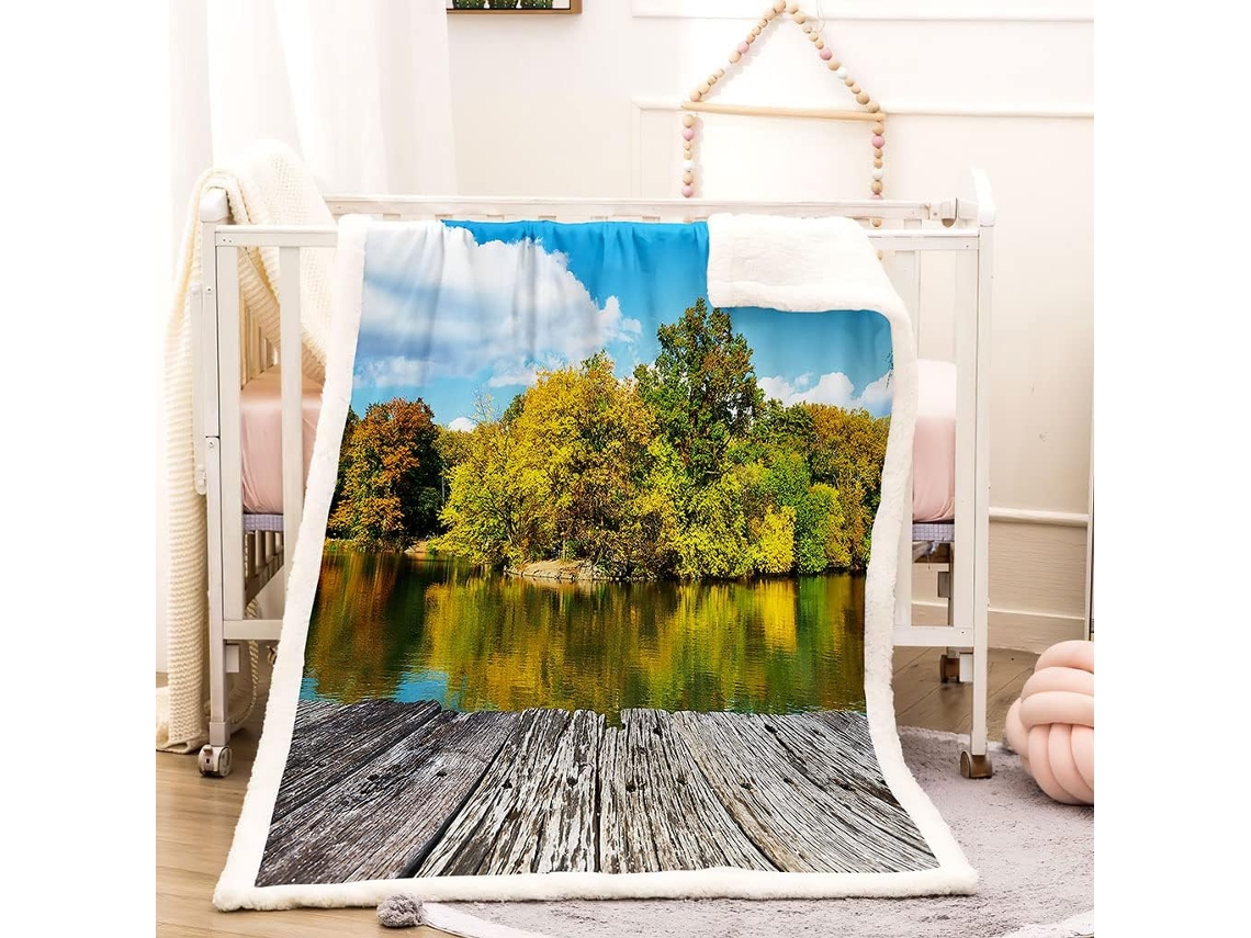 Manta de microfibra con estampado de lago y bosque, 150x180cm