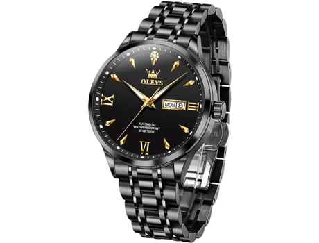 VEANXIN Reloj automático de acero inoxidable resistente al agua con calendario luminoso para hombre(negro)