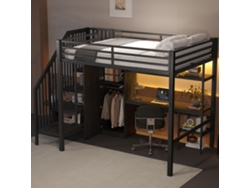 Cama alta de metal de 140 x 200 cm con escritorio, estantería, armario y escalera de almacenaje, color negro.