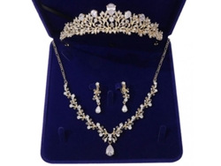 Juego De Joyería De Cristal Para Novia Con Collar, Pendientes Y Tiara De Zirconia Plata/oro Oro