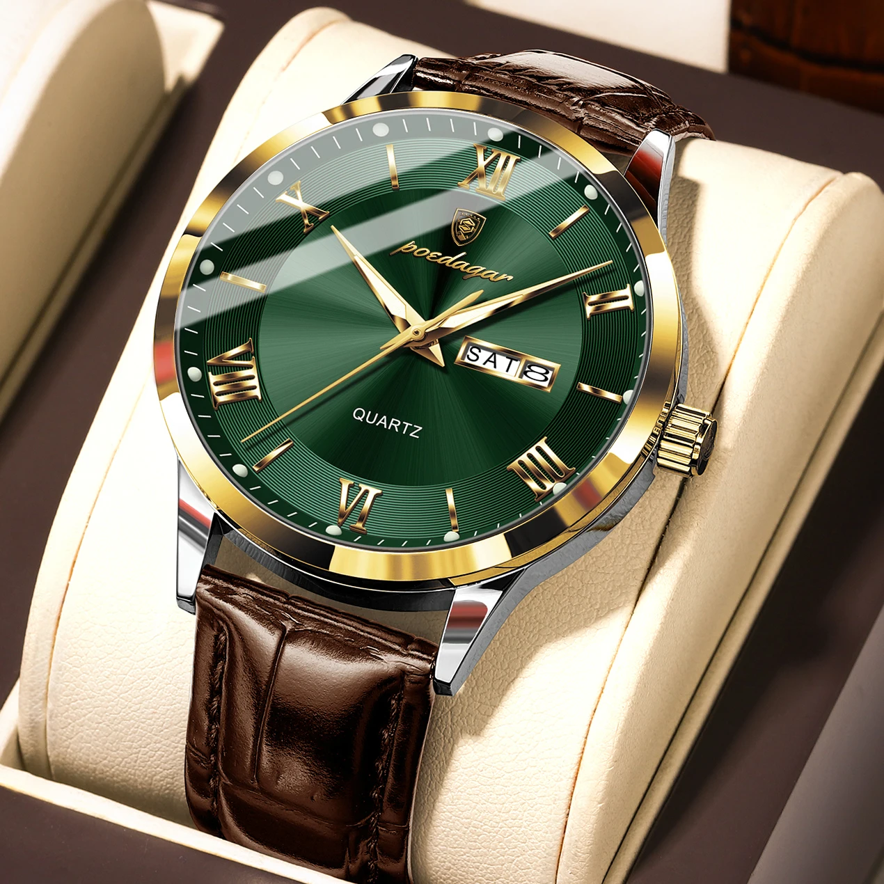 Reloj De Pulsera Para Hombre, Resistente Al Agua, Luminoso, Con Indicador De Fecha Y Día (caja Dorada, Esfera Verde).