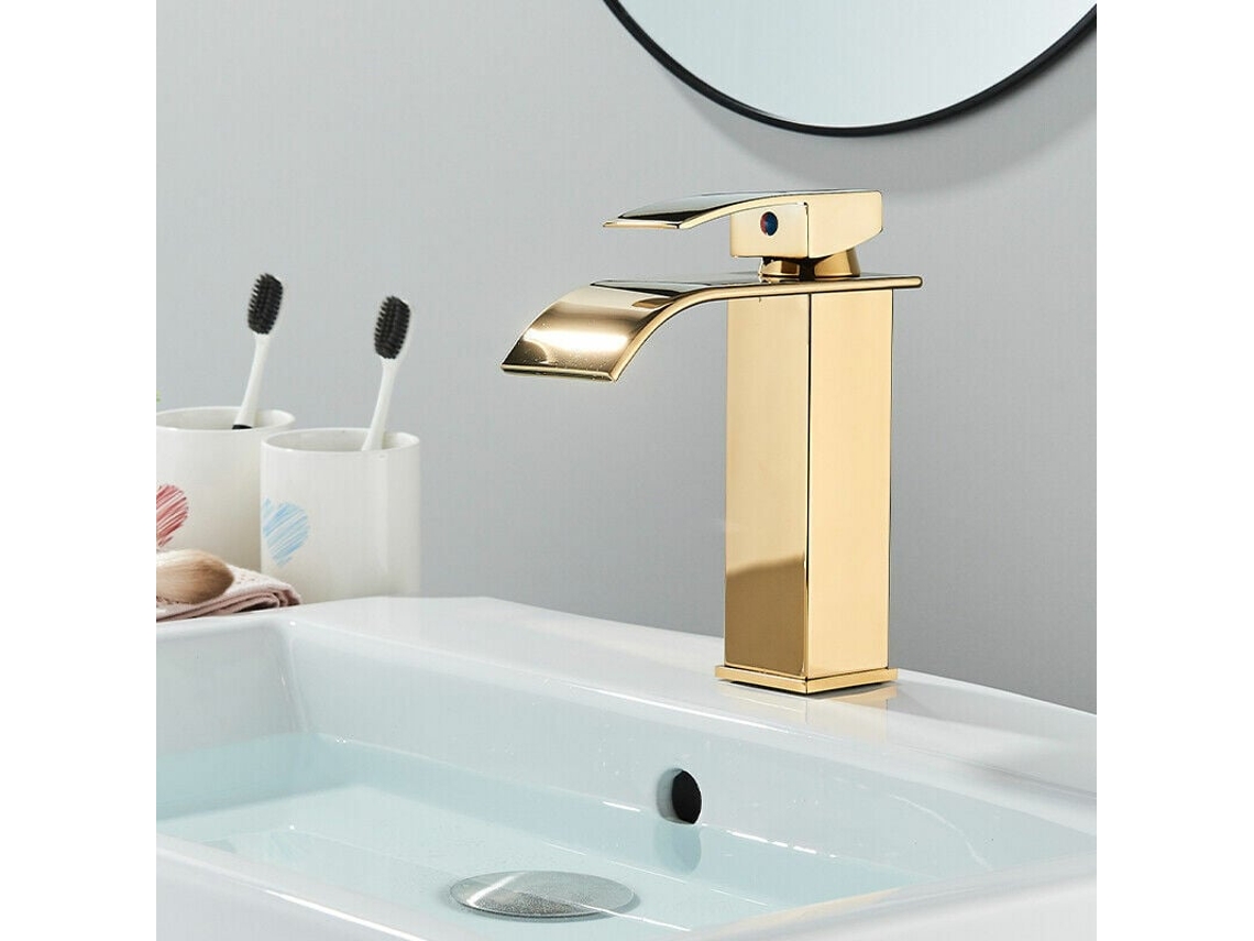 JILLIOPER Grifo de Baño Moderno Diseño en Cascada Dorado Cuerpo de Metal Resistente Ajustable para Agua Caliente y Fría