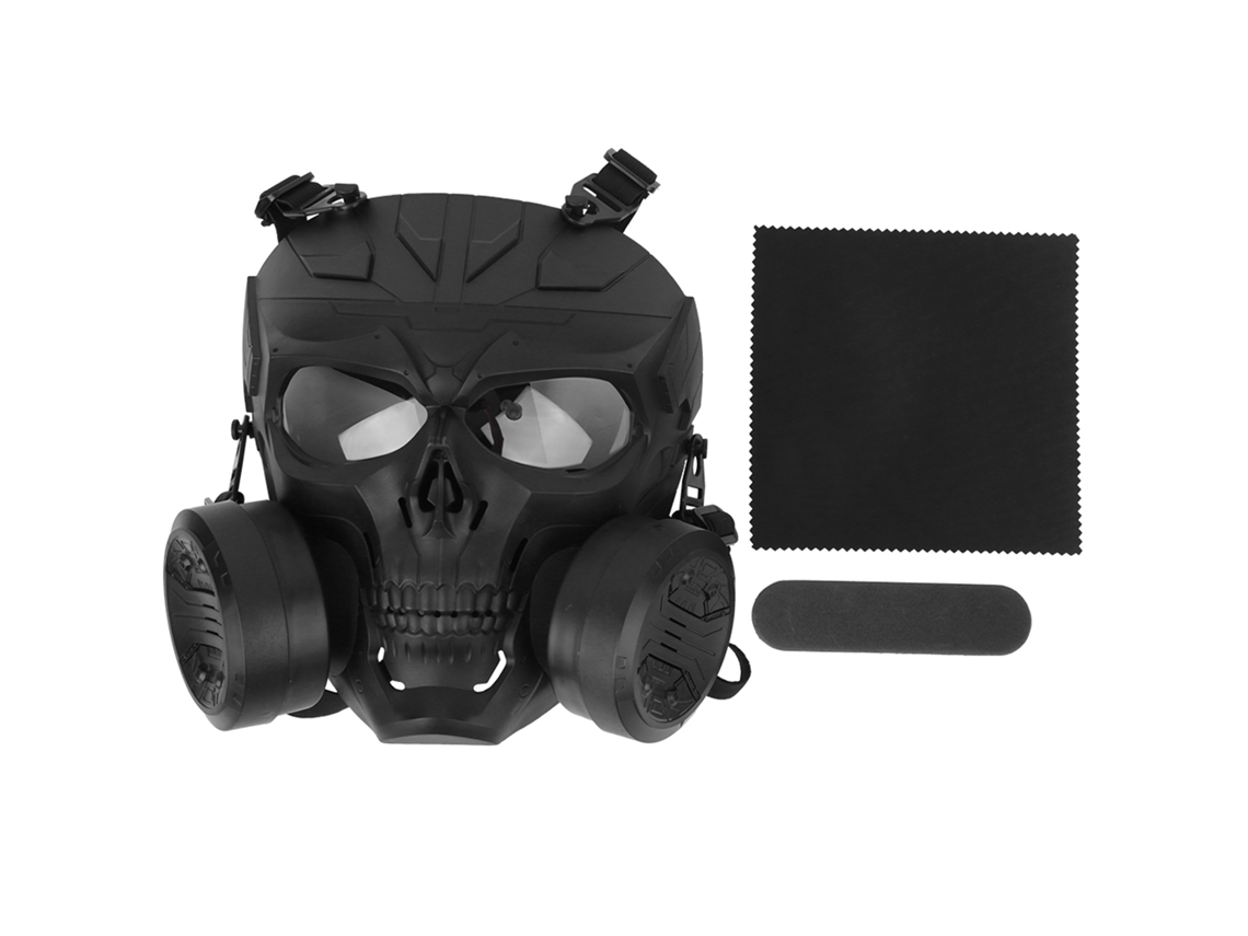 Protector facial transparente con forma de calavera y dos ventiladores ajustables.