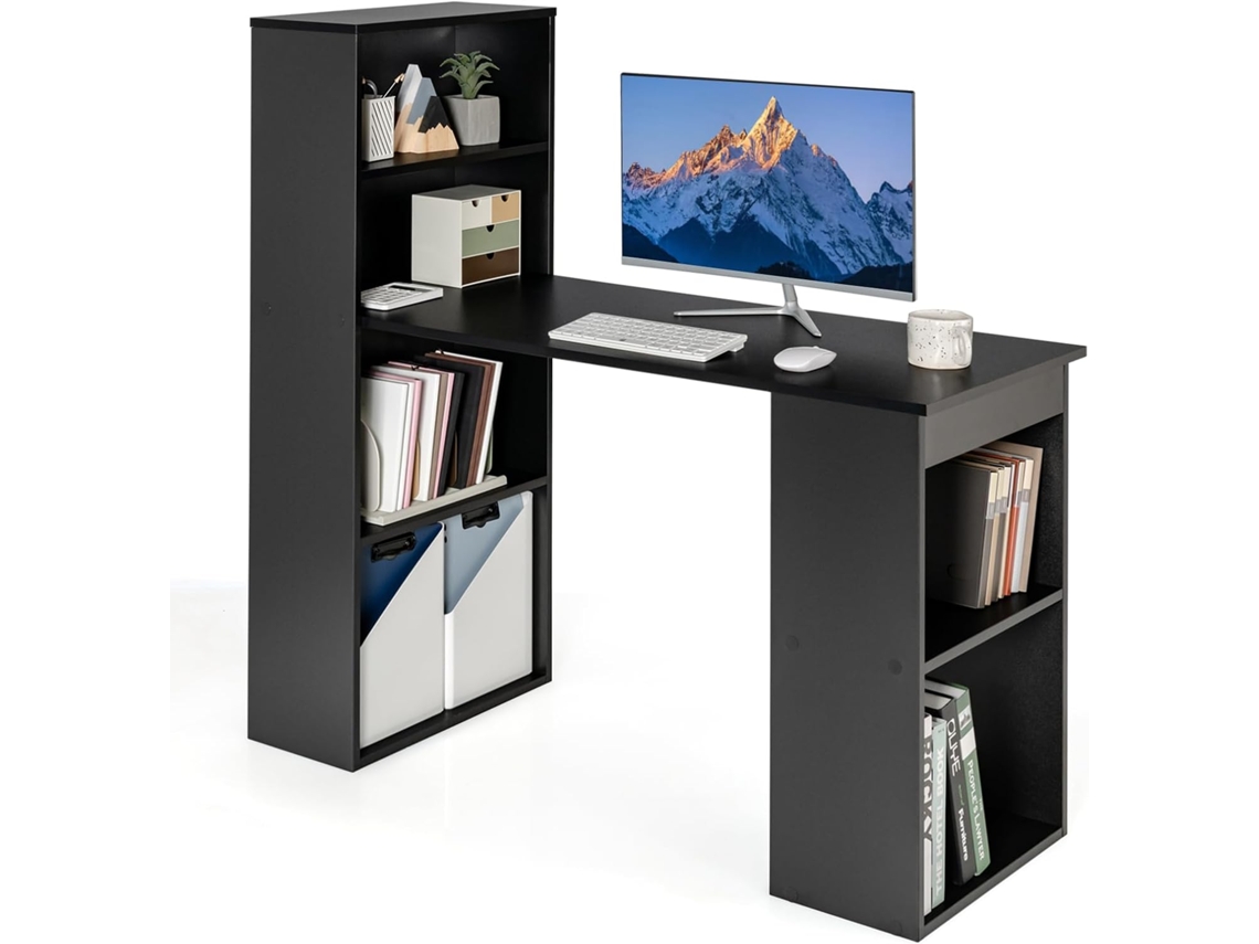 Escritorio con Estanteria, Mesa Escritorio 120 cm, 6 Estantes de Almacenamiento, Mesa Ordenador Reversible Oficina/Dormitorio (Negro) COSTWAY