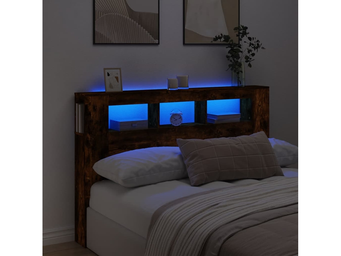 Cabecero Led Madera Ingeniería Roble Ahumado 160x18,5x103,5 Cm