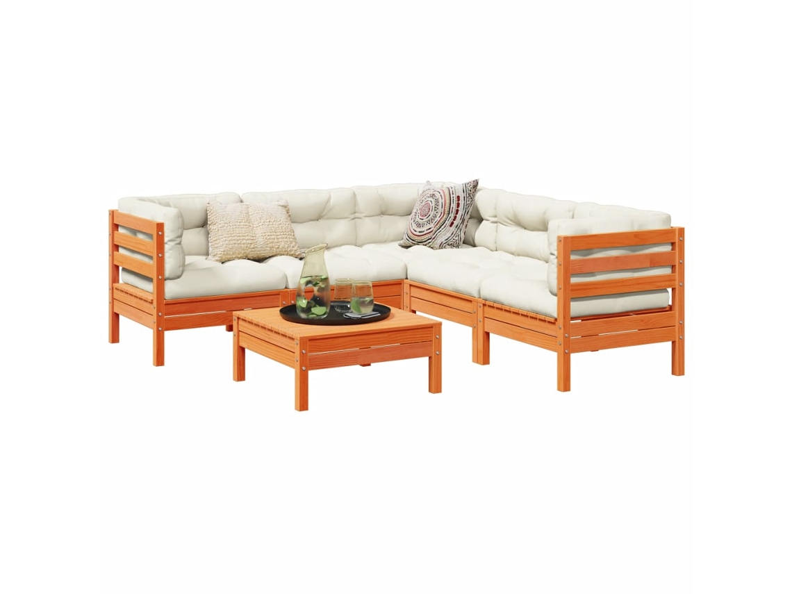 Conjunto de sofá de jardín de 6 piezas con cojines en pino macizo y cera marrón DKD Home Decor