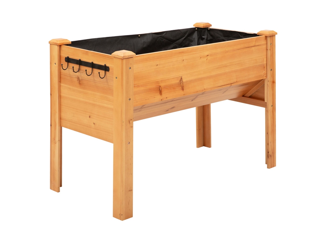 Jarrón de madera elevado con orificio de drenaje, con ganchos y patas, madera maciza natural, 120 x 60 x 81 cm