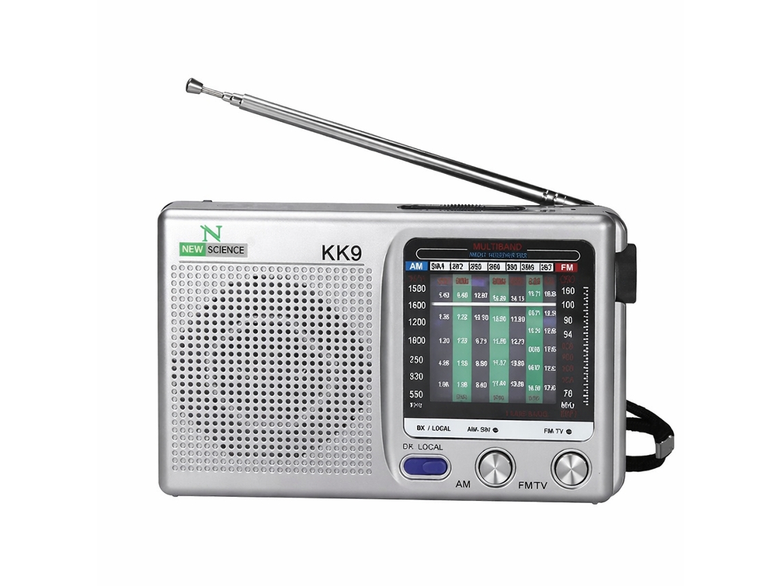 Mini radio portátil con 9 bandas y altavoces integrados, New Science KK9 gris.