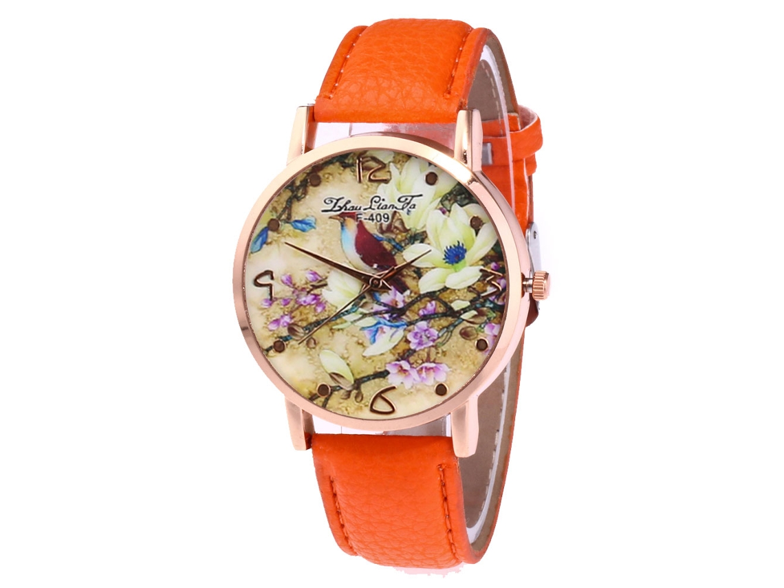 Reloj De Pulsera De Cuarzo Con Correa De Pu Patrón Flor Y Pájaro Zhoulianfa (naranja)