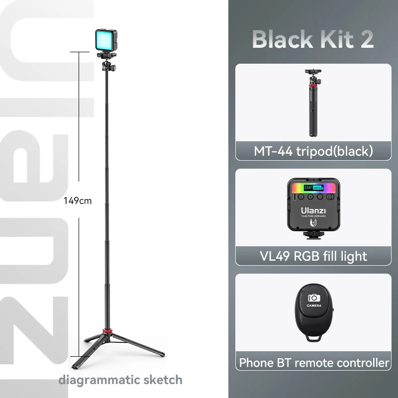 Trípode extensible para transmisión en vivo MT-44, 106,7 cm, con soporte para teléfono móvil, grabación vertical, para teléfonos móviles y DSLR, kit de 2 piezas, negro