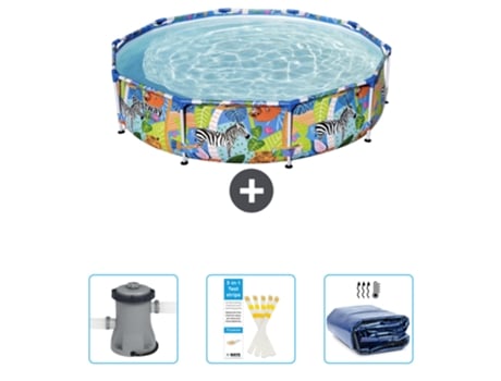 Piscina BESTWAY Round Steel Pro - 305 x 66 cm - Estampado Selva - Incluida Bomba - Tiras de prueba - Vela solar