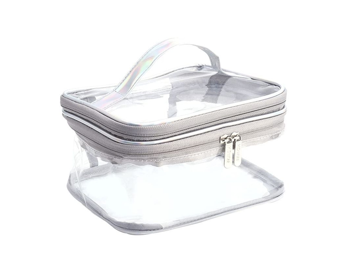 2026-bolsa De Maquillaje Transparente Impermeable Linjou De Doble Capa Grande Con Cremallera Y Asa (gris)