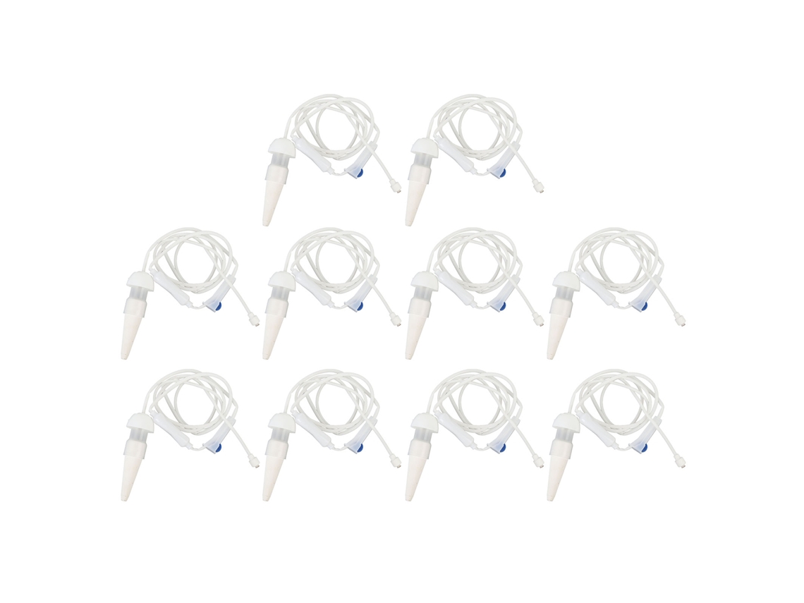 Dispositivo de riego automático con 10 estacas y válvula de control.
