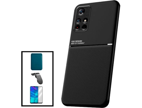 Kit Funda Magnetic Lux, Magnetic Wallet Azul, 5D Full Cover y Soporte Magnético L Safe Driving Coche Xiaomi Poco M4 Pro 5G PHONECARE Negro