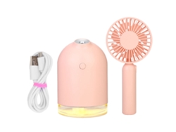 Humidificador de aire portátil con carga USB, ventilador desmontable y luz nocturna rosa.