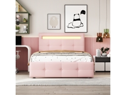 Cama individual de 90 x 200 cm en tejido de lino con LED y 2 cajones, estilo rosa