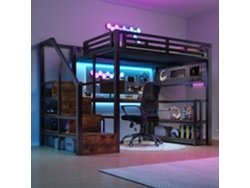 Cama Alta 140x200 Cm - Marco De Hierro, Escritorio, Led, Estantería, Usb/tipo-c - Negro