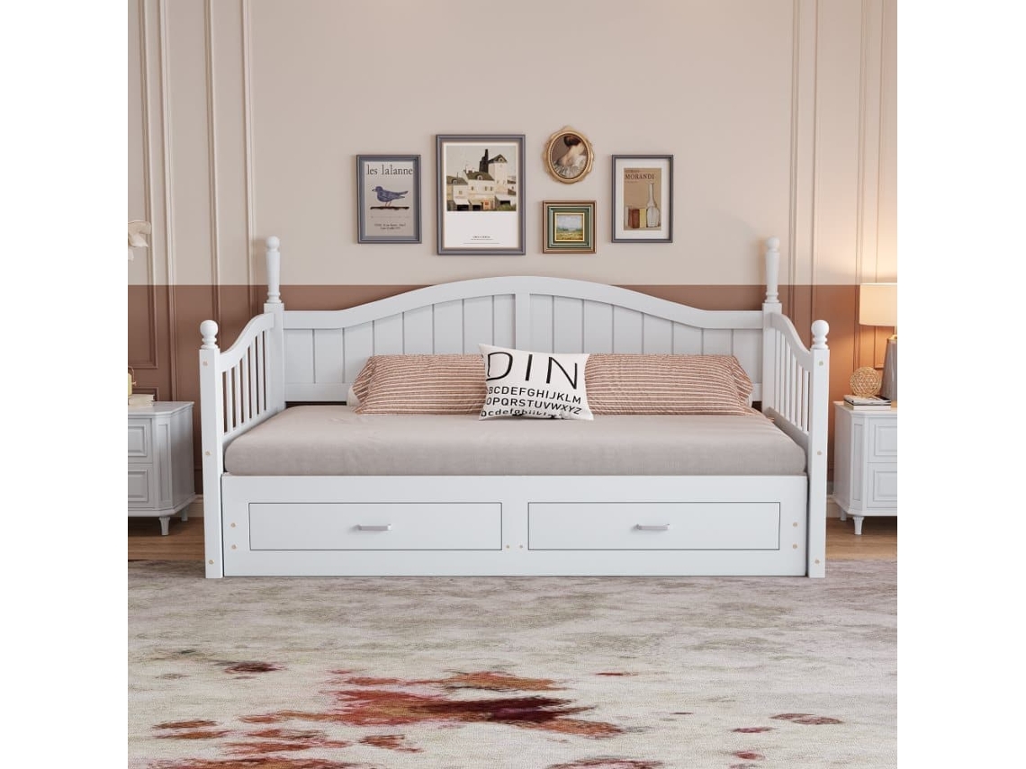 Sofá Cama Extensible 90/180x190 Cm, Columnas Romanas, Cajones, Pino Blanco