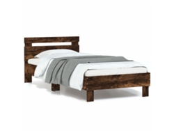 Estructura De Cama Cabecero Luces Led Roble Ahumado 90x200 Cm