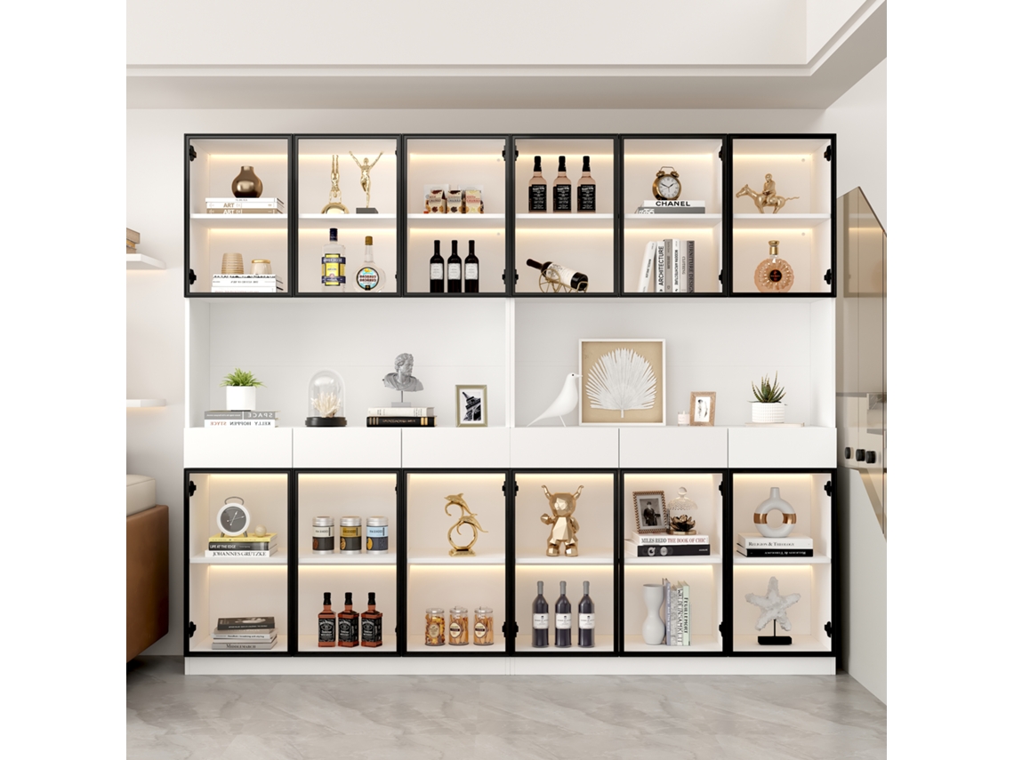 Vitrina Con Puerta De Cristal De 200 Cm, Iluminación Led, Color Blanco Y Negro.