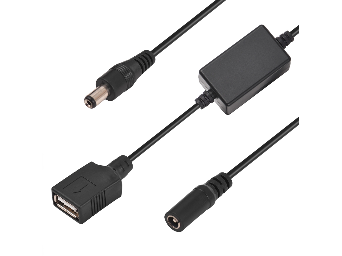 Adaptador y cable: DC hembra a DC macho, DC hembra a USB hembra para conexiones electrónicas.