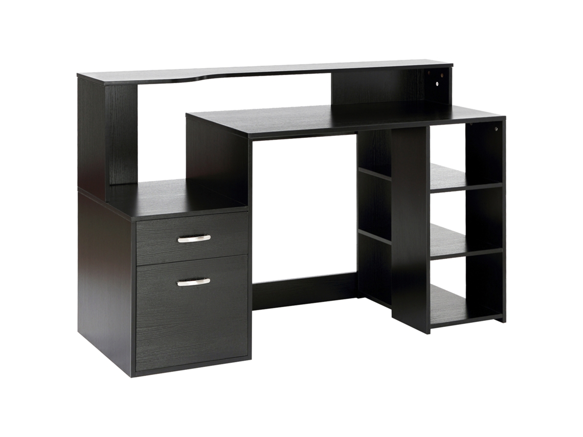 Escritorio Para Ordenador Con 2 Cajones Y Almacenamiento, 137x55x92 Cm, Estantes Abiertos Y Bandeja Para Impresora, Negro
