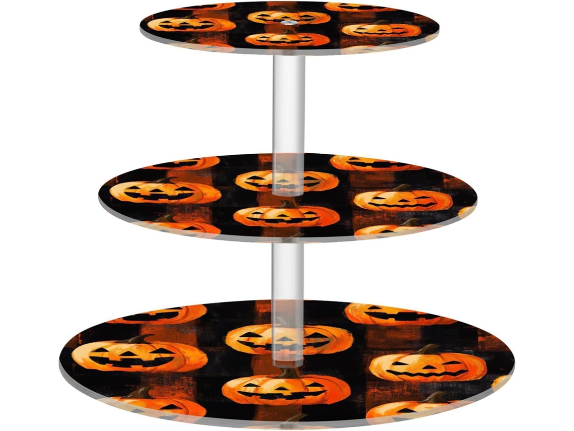 Divertido soporte acrílico de 3 niveles con forma de calabaza para cupcakes, postres, dulces y más.