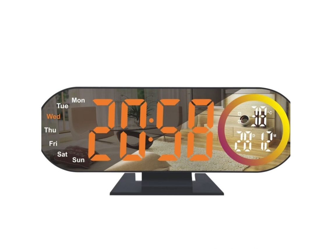 Reloj despertador digital LED con espejo y pantalla grande, carcasa negra, luz naranja, Sfushos