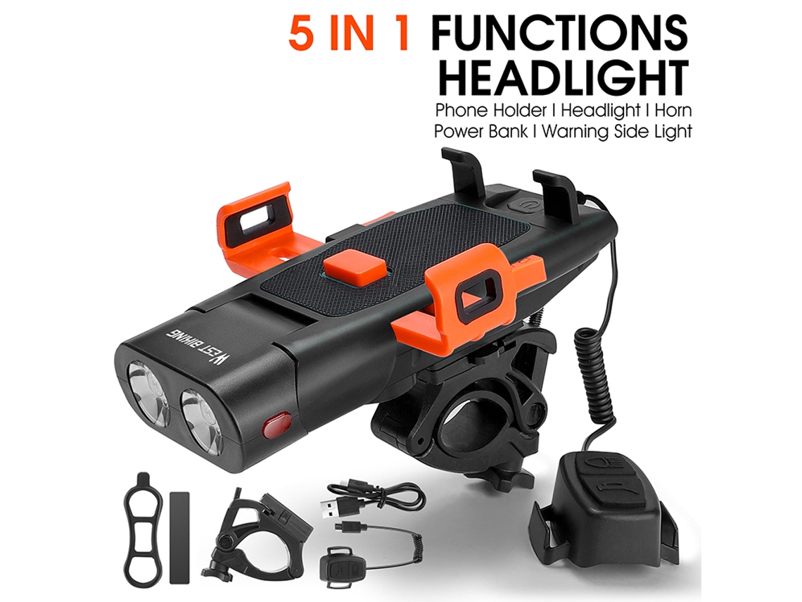 Luz Delantera Led 5 En 1 Para Bicicleta Con Sirena, Soporte Para Teléfono Móvil, Batería Externa Y Timbre Recargable Por Usb.