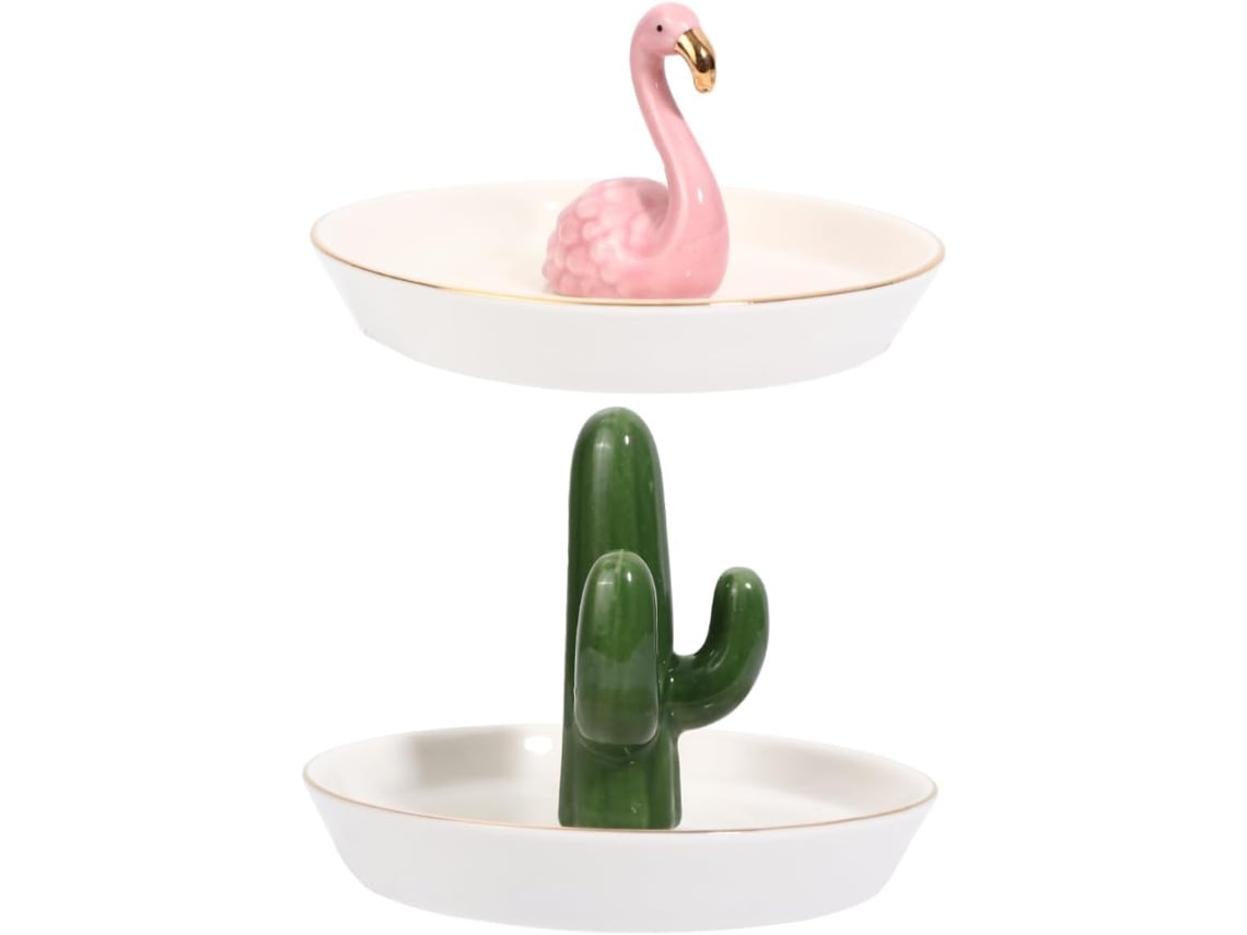 Bandeja De Almacenamiento De Joyas De Porcelana Con Diseño De Flamencos Y Cactus (2 Piezas) Y Elegante Soporte De Exhibición.