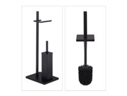 Conjunto De Sanita Relaxdays, Suporte Para Papel Higiénico, Aço, Escova Com Suporte, 3 Cabeças, Preto