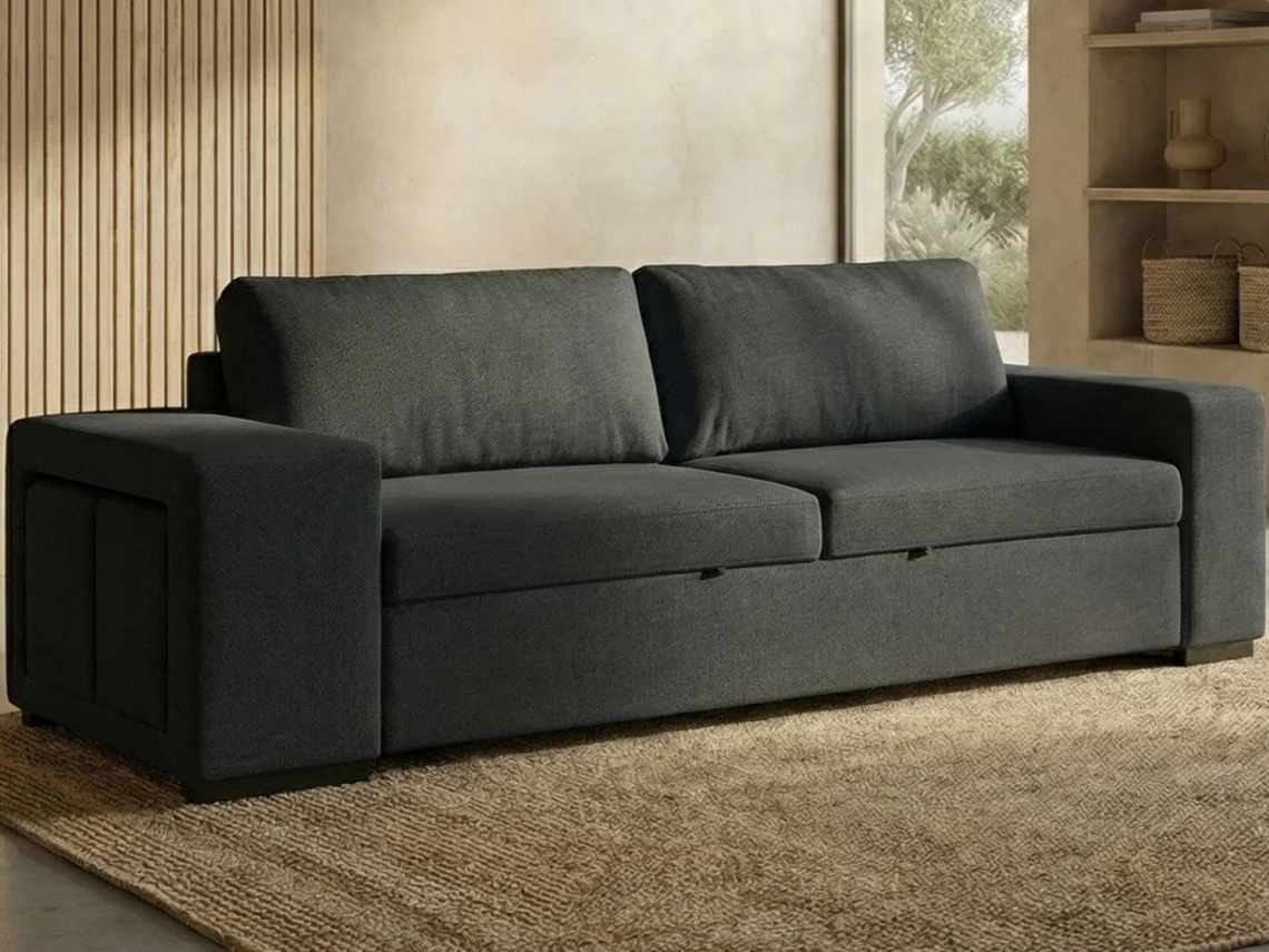 Sofá Cama 3 Plazas BUDWING Avery Negro + Chaise Longue + 2 Pufs (248 x 117 x 90 cm - Reversible Lado Derecho/Izquierdo)