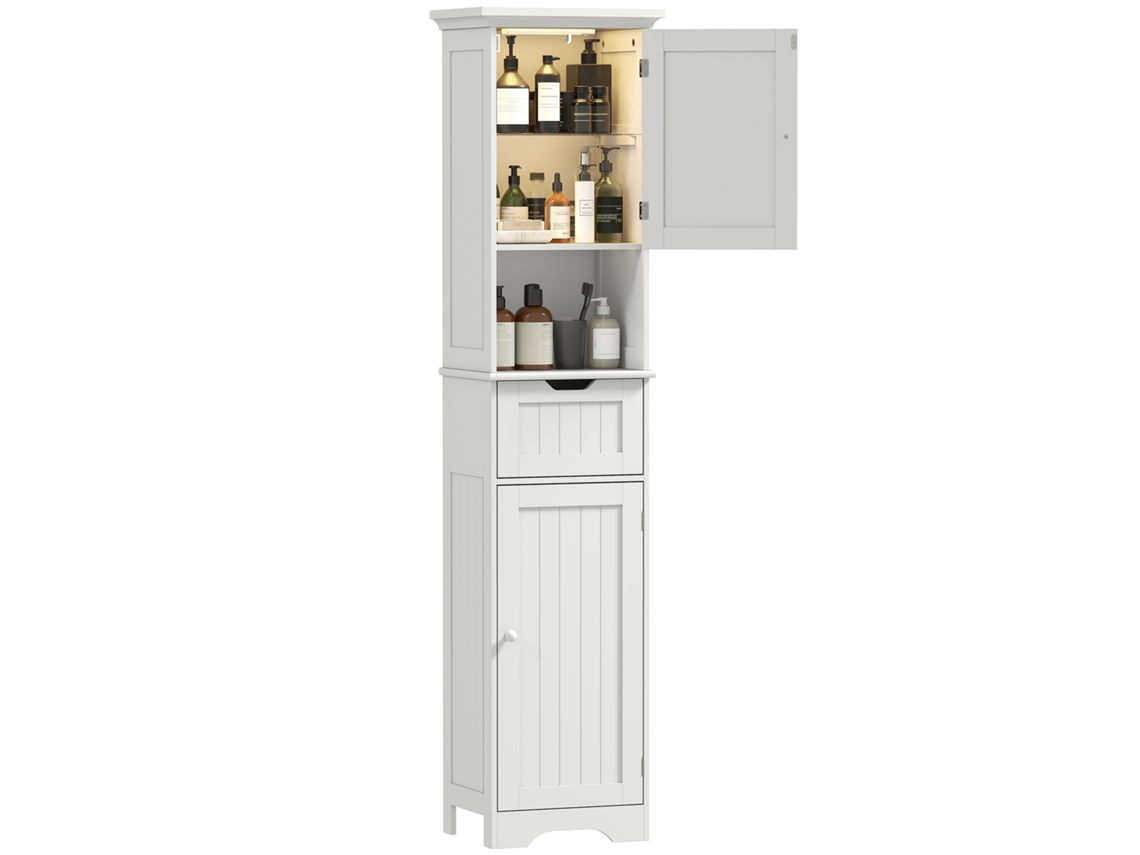 Mueble De Baño Tipo Columna Con Iluminación Led, Unidad De Almacenamiento Estrecha, Cajón, 2 Puertas, 40x30x170cm, Blanco