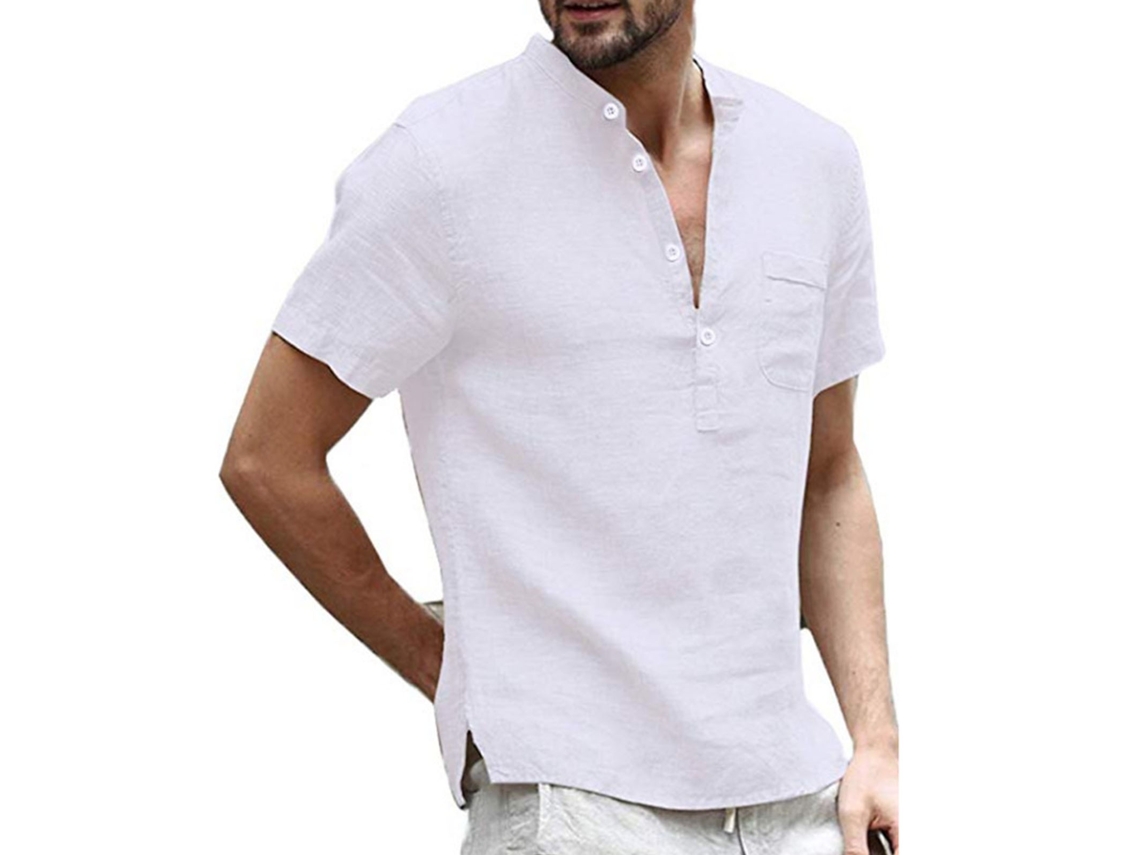 Camiseta De Manga Corta Para Hombre, Cuello Alto, Algodón, Verano, Abertura Frontal, Blanca, Talla L