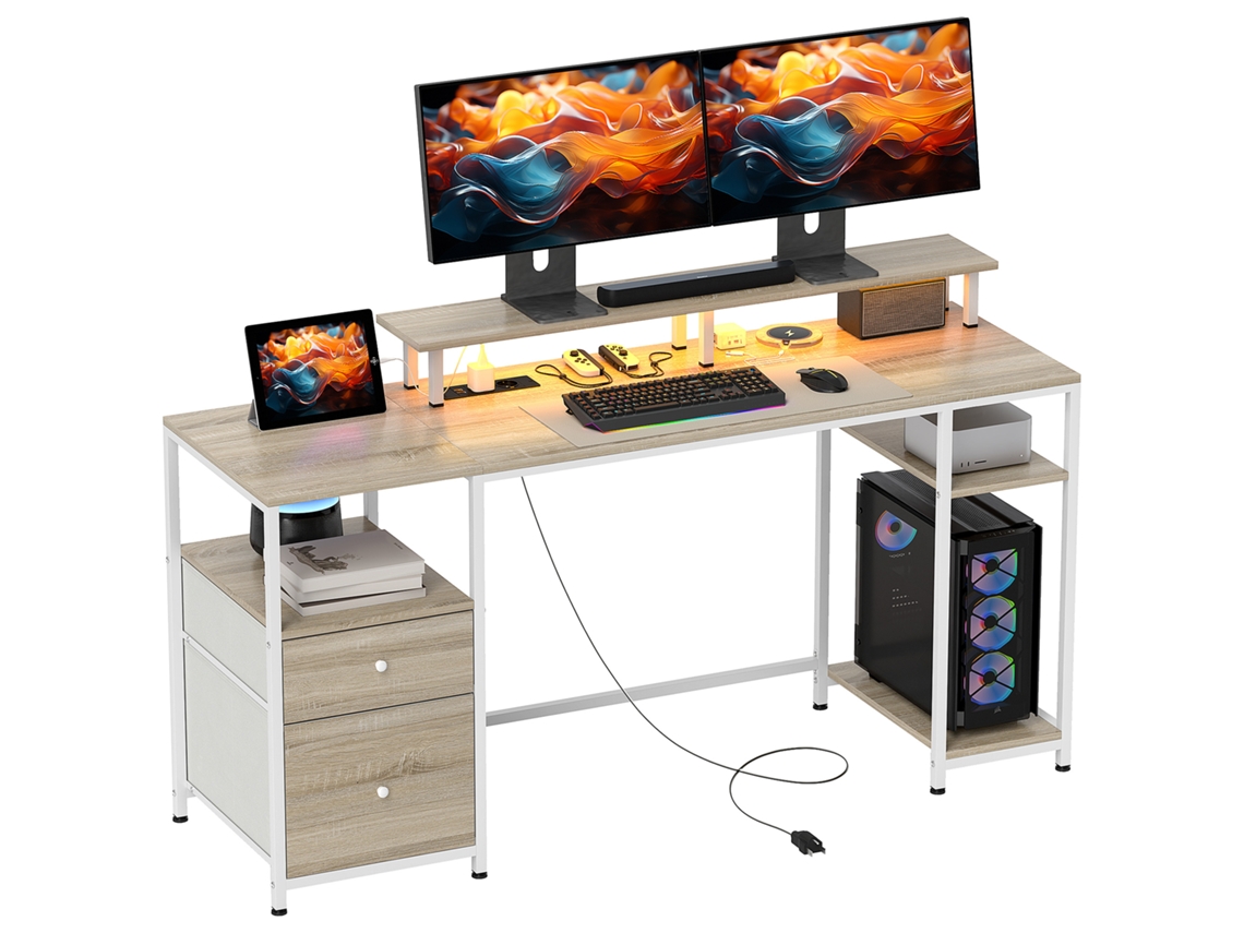 Escritorio Para Ordenador Con Luz Led Regulable, 2 Enchufes Y Usb, Cajones Y Estantes, 155,5x48x88,5 Cm, Efecto Madera Natural