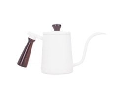Cafetera portátil de acero inoxidable con mango de madera, pico de cuello de cisne largo, 700 ml, color blanco.