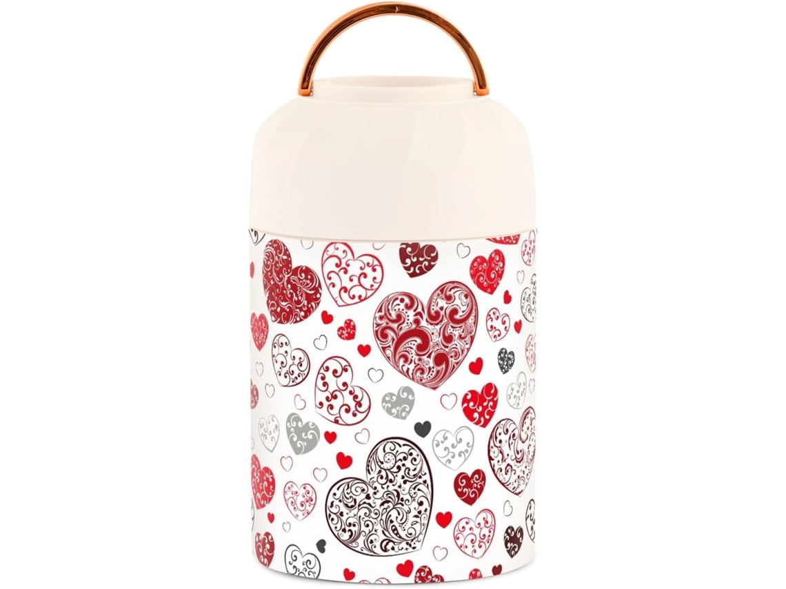 Tarro Térmico De Acero Inoxidable Con Cuchara Diseño Corazones Y Lazos Rojo Marrón 500 Ml Grado Alimentic...