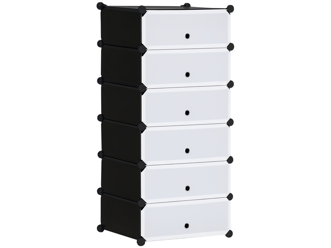 Zapatero modular con 6 cubos de plástico apilables, capacidad para 12 pares, color blanco.