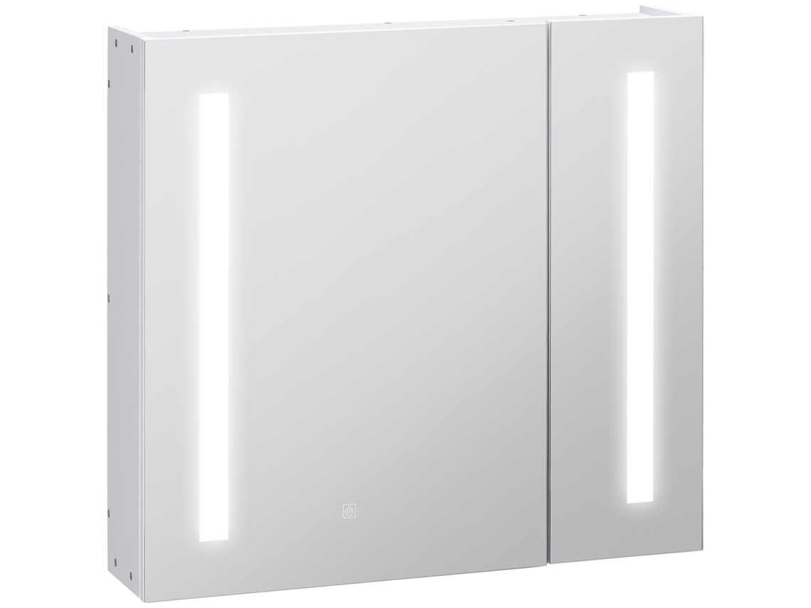 Armario de baño con espejo, iluminación LED, 2 puertas y estantes.